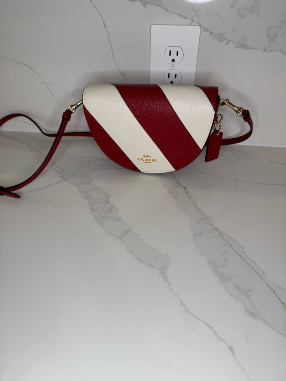 Coach Red and White Diagonal Stripe Crossbody
